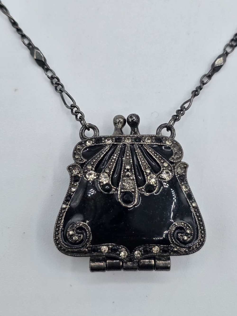 VCLM Victorian Black Enamel Smoky Crystals Purse Locket Pendant 22" Necklace